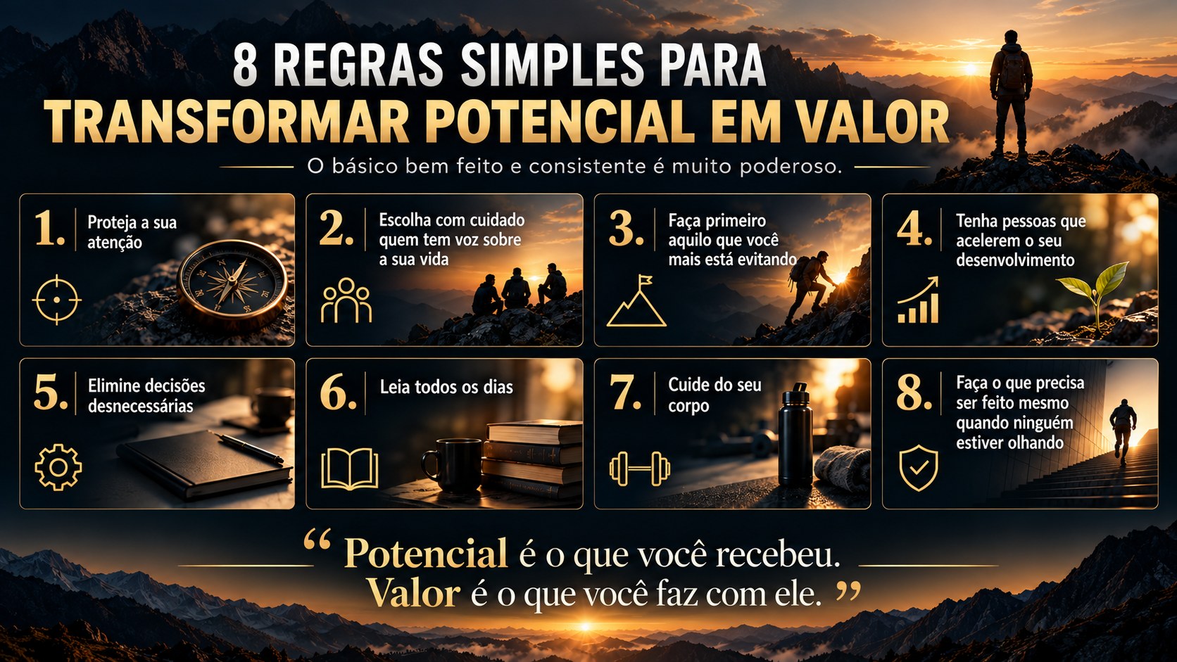 Infográfico com montanhas ao pôr do sol em preto e dourado, silhueta de homem com mochila contemplando o horizonte e grade com oito regras de desenvolvimento pessoal ilustradas por bússola, livros, broto de planta e pessoas escalando, conversando e correndo