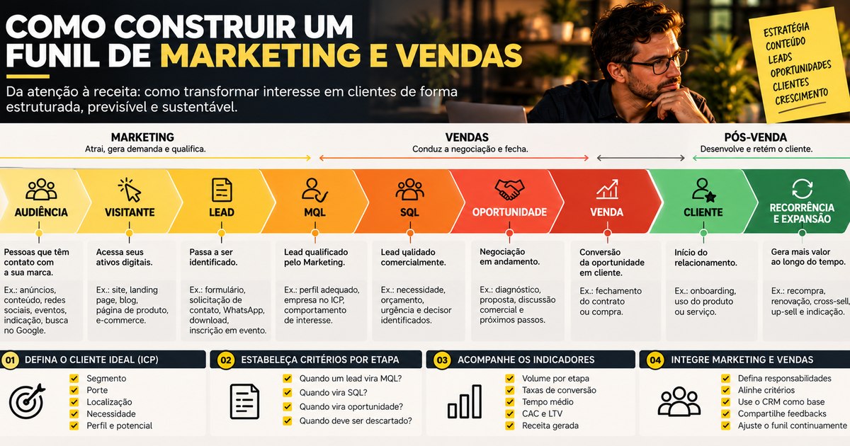 Infográfico do funil de Marketing e Vendas com as etapas de audiência, visitante, lead, MQL, SQL, oportunidade, venda e recorrência, e os passos para construir o funil