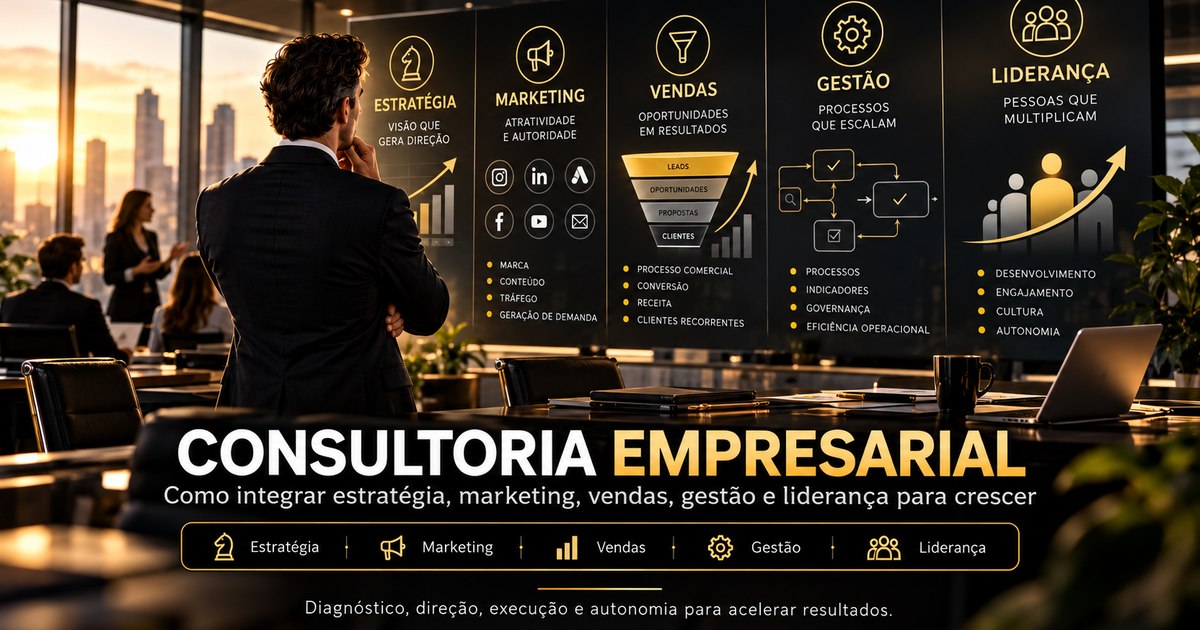 Executivo analisando um painel com os cinco pilares da consultoria empresarial — Estratégia, Marketing, Vendas, Gestão e Liderança — em escritório ao entardecer