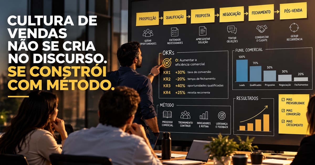 Líder comercial apontando para um quadro com o funil de vendas em post-its amarelos, painéis de OKRs e gráficos de resultados, enquanto a equipe comercial acompanha em uma sala de reuniões ao entardecer