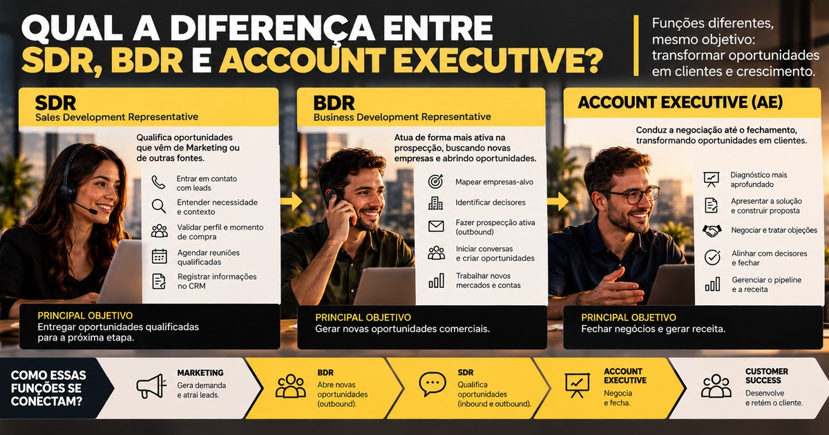 Infográfico comparando SDR, BDR e Account Executive, com as principais atividades de cada função e o caminho entre Marketing, prospecção, qualificação, negociação e Customer Success