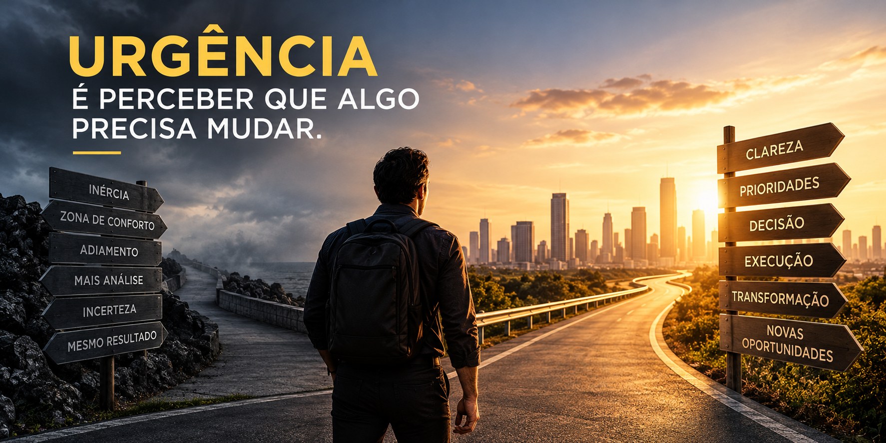 Homem de costas com mochila parado em uma bifurcação, entre um caminho escuro e cinzento sob tempestade à esquerda e uma estrada iluminada em tons dourados rumo a uma cidade ao pôr do sol à direita, com placas indicativas de escolha entre inércia e transformação