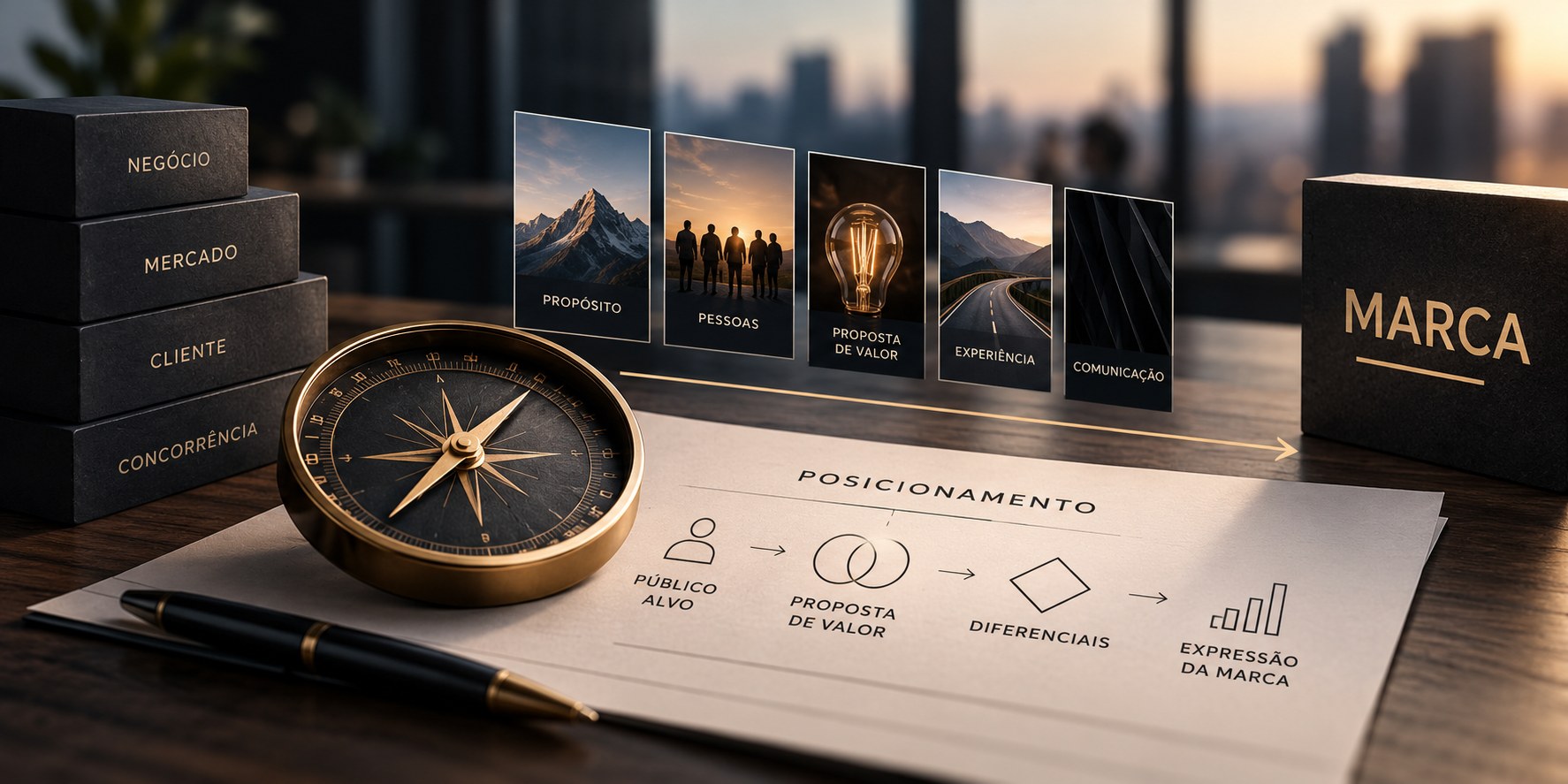 Bússola dourada sobre mesa escura com quadro de posicionamento (público-alvo, proposta de valor, diferenciais e expressão da marca), cartões de propósito, pessoas, experiência e comunicação, e blocos de negócio, mercado, cliente, concorrência e marca