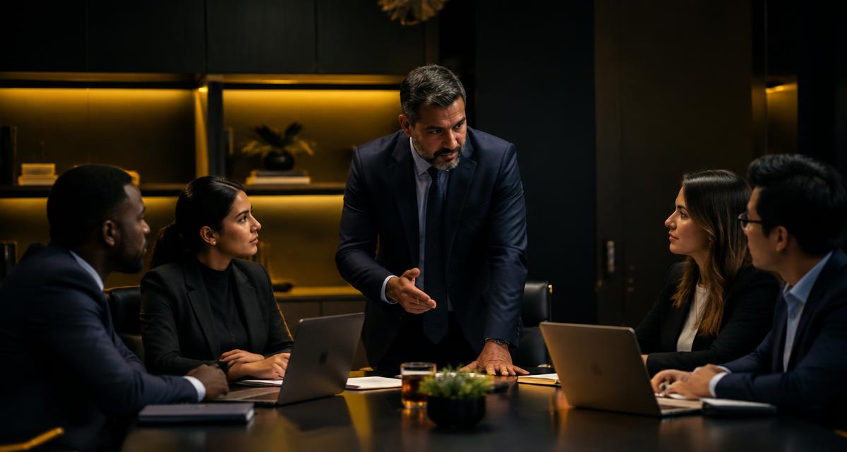 Líder conversando com sua equipe ao redor de uma mesa de reunião