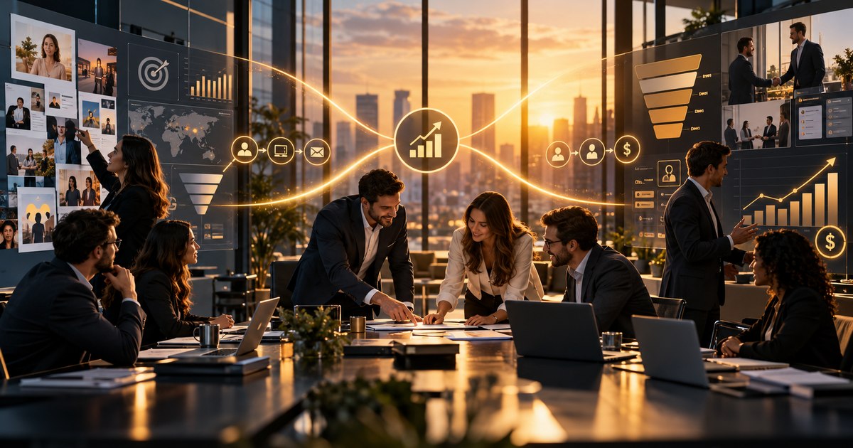 Equipe executiva reunida em sala de reuniões ao entardecer, com vista panorâmica de arranha-céus, analisando documentos sobre uma mesa com laptops enquanto gráficos holográficos dourados de funil de vendas, crescimento e jornada do cliente flutuam no ar