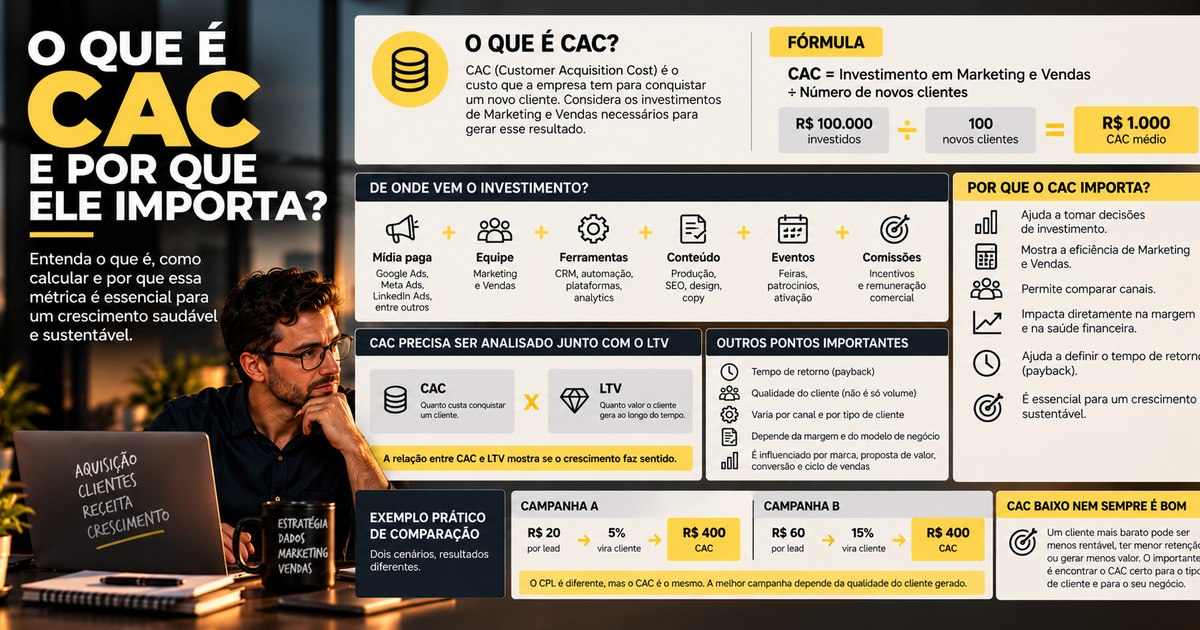 Infográfico explicando o que é CAC, a fórmula de cálculo, de onde vem o investimento, a relação entre CAC e LTV e um exemplo prático de comparação entre duas campanhas