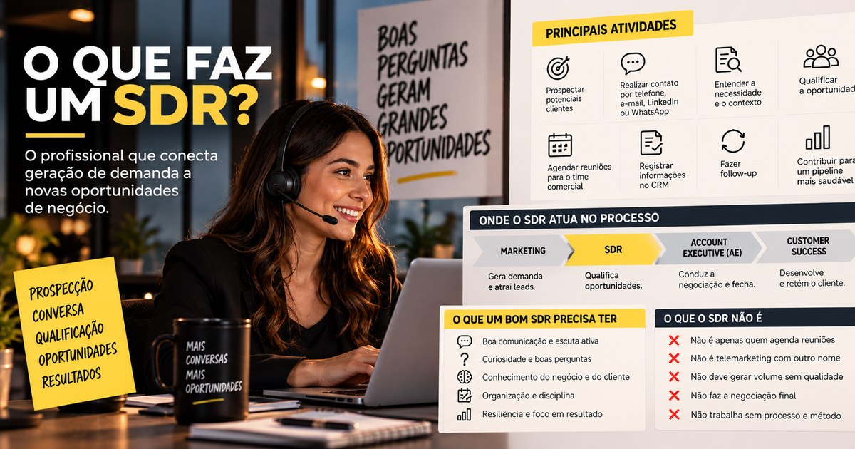 Profissional de vendas com headset sorrindo diante do notebook, ao lado de um infográfico sobre as principais atividades do SDR, onde ele atua no processo comercial e o que um bom SDR precisa ter