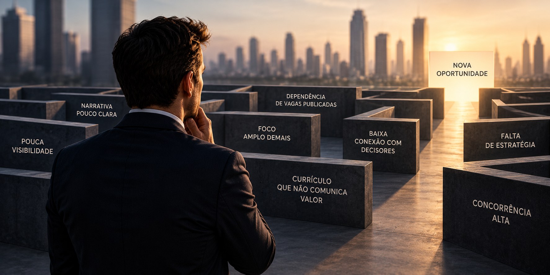 Executivo pensativo diante de um labirinto com barreiras como narrativa pouco clara, foco amplo demais, currículo que não comunica valor e concorrência alta, e uma nova oportunidade iluminada ao fundo