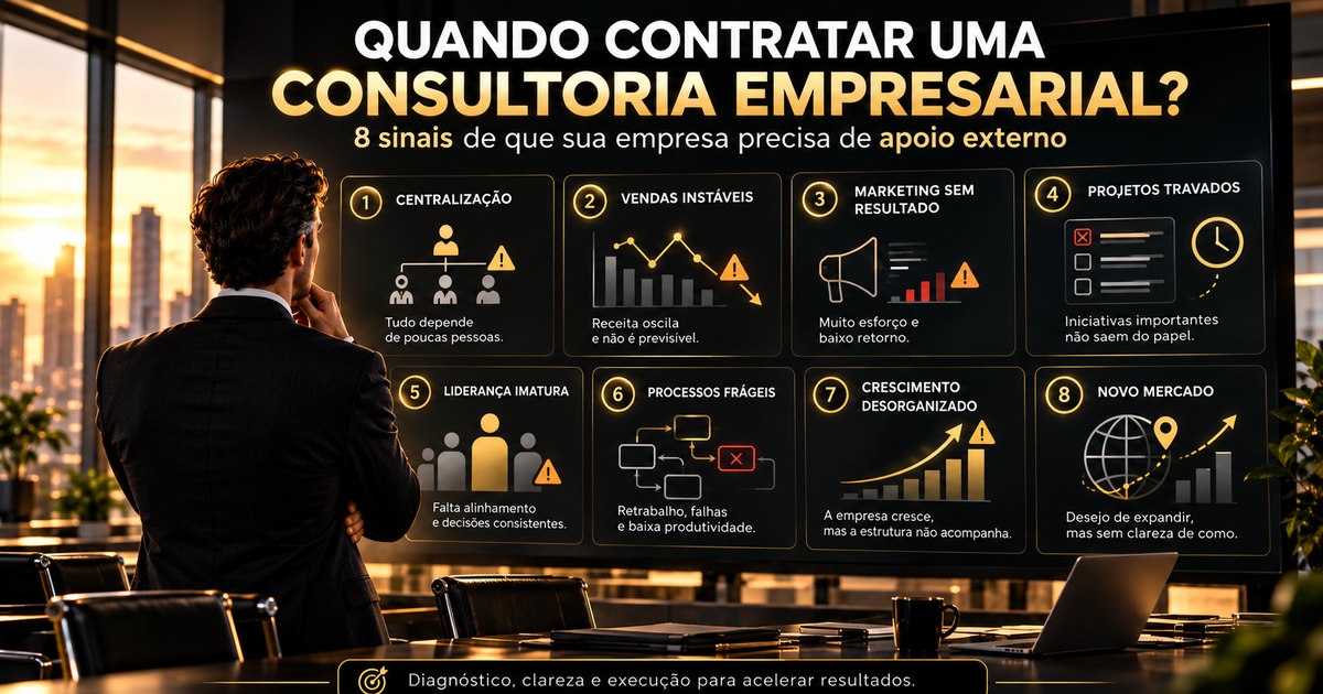 Executivo observando painel com os 8 sinais de que a empresa precisa de consultoria empresarial, como centralização, vendas instáveis e liderança imatura