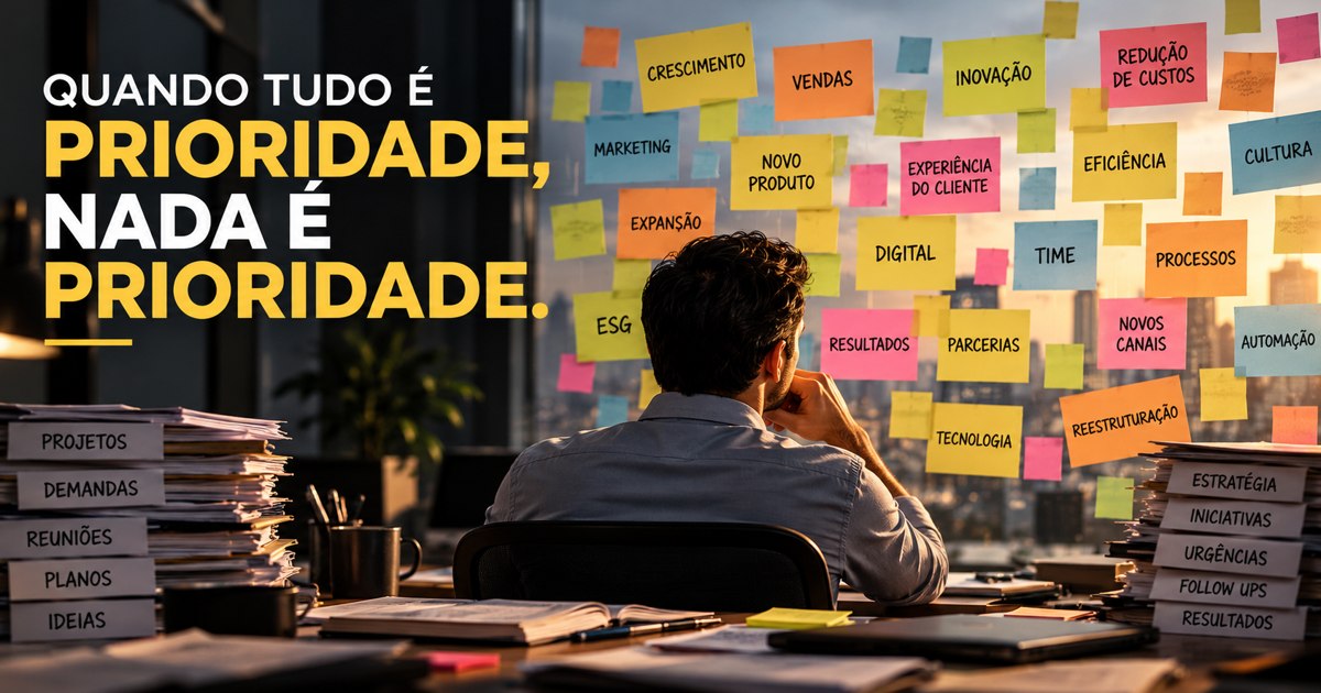 Executivo de costas diante de um quadro cheio de post-its coloridos com demandas concorrentes — crescimento, vendas, inovação, eficiência, cultura — e pilhas de documentos empilhados na mesa, ao pôr do sol