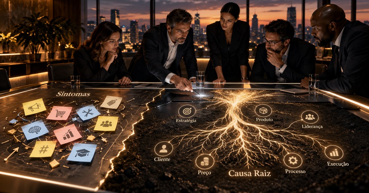 Equipe executiva reunida ao redor de uma mesa de reuniões ao entardecer, examinando um mapa holográfico que separa sintomas — post-its com ícones de campanhas, ferramentas e treinamentos — das causas raiz ilustradas por raízes luminosas conectando estratégia, cliente, preço, produto, processo, liderança e execução