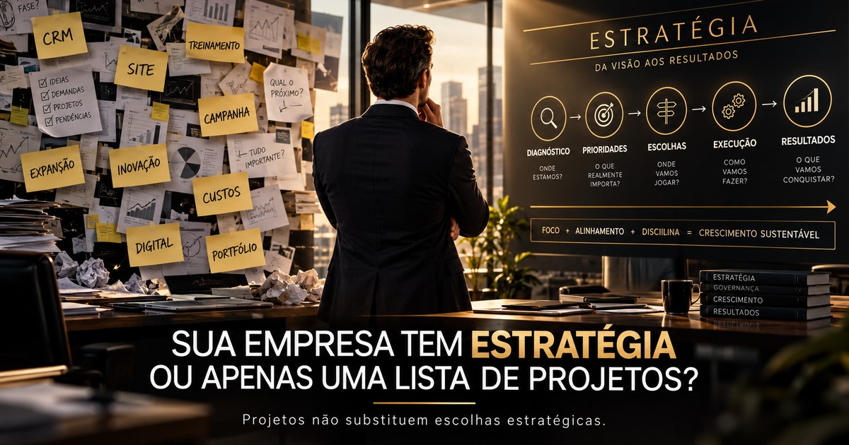 Executivo diante de um painel com a lógica da estratégia — diagnóstico, prioridades, escolhas, execução e resultados — ao lado de um quadro cheio de post-its com projetos soltos como CRM, site, treinamento e campanha