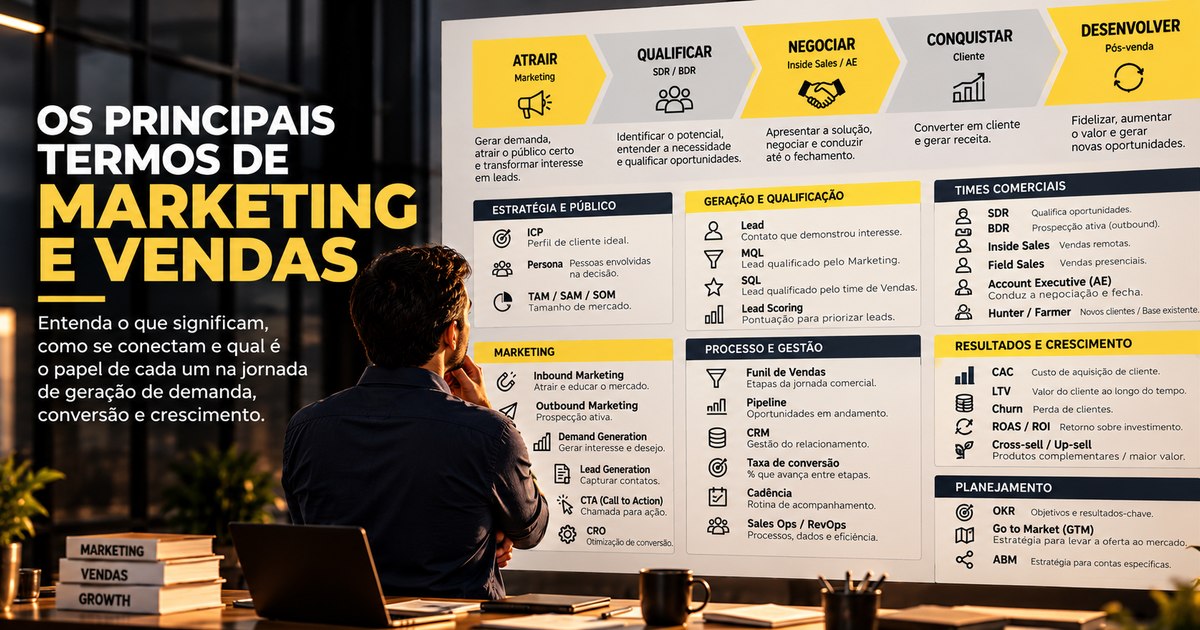 Profissional de frente para um grande mural infográfico com os principais termos de Marketing e Vendas, organizados em blocos de estratégia, geração e qualificação, times comerciais, processo e gestão, resultados e planejamento