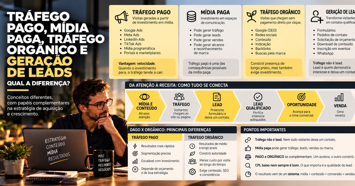 Infográfico comparando tráfego pago, mídia paga, tráfego orgânico e geração de leads, com o caminho da atenção à receita e as principais diferenças entre o pago e o orgânico